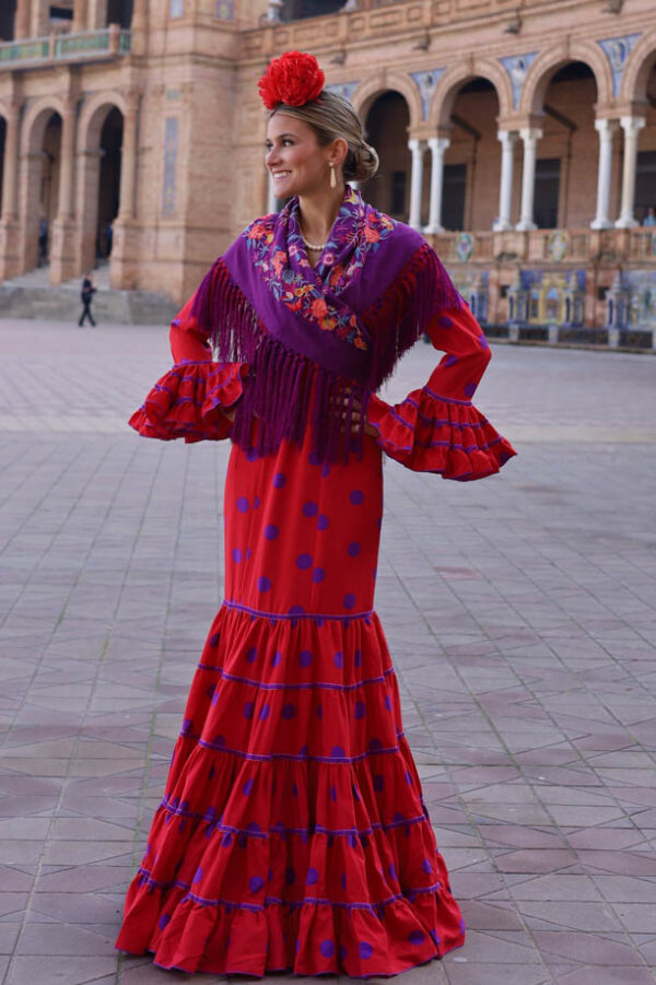 TRAJE DE FLAMENCA CANASTERO ROJO LUNAR MORADO